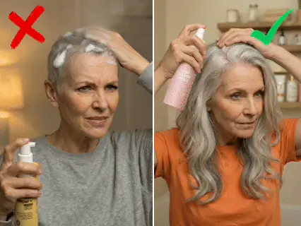 Woman comparing thinning hair before and after using Hair Helper Spray