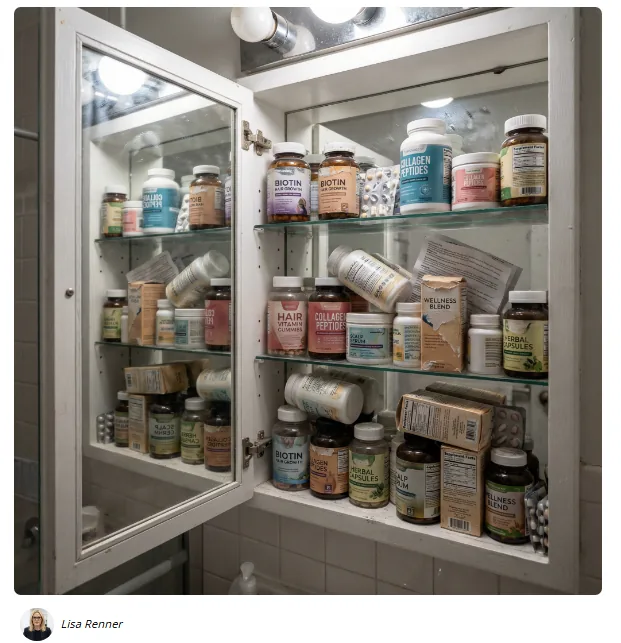 Shelf of hair products and supplements
