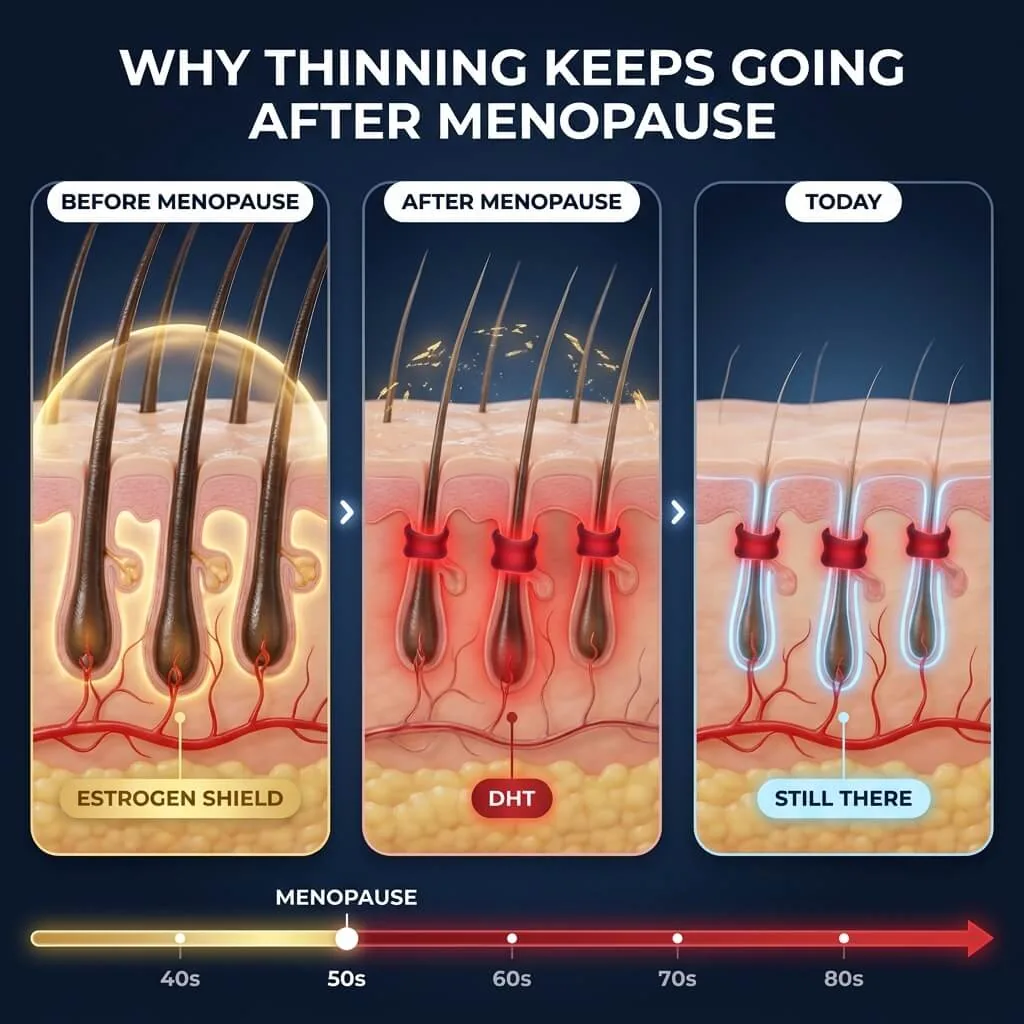Illustration of hair thinning before and after menopause