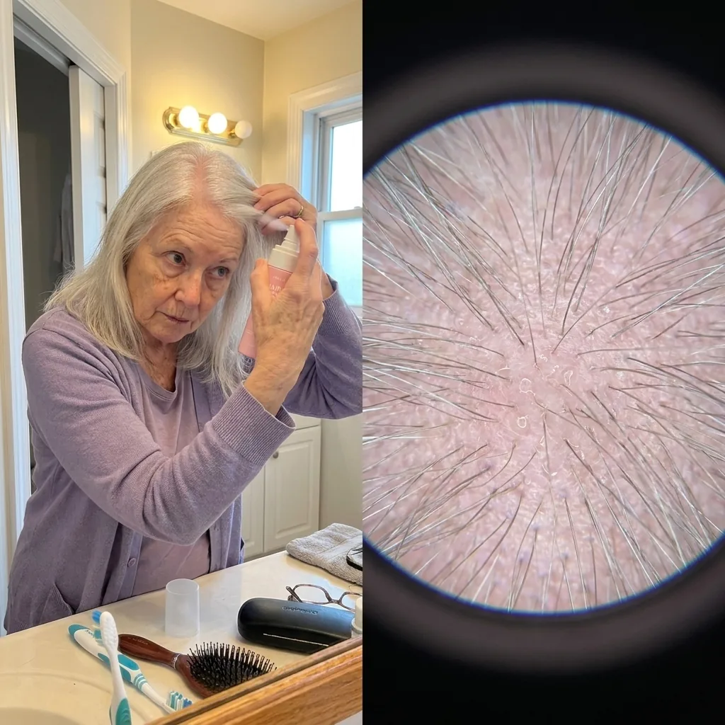 Woman examining her hair and close-up of scalp