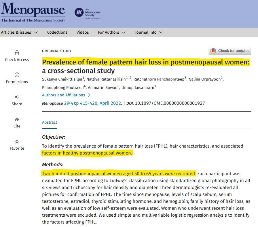 Menopause journal study on female pattern hair loss