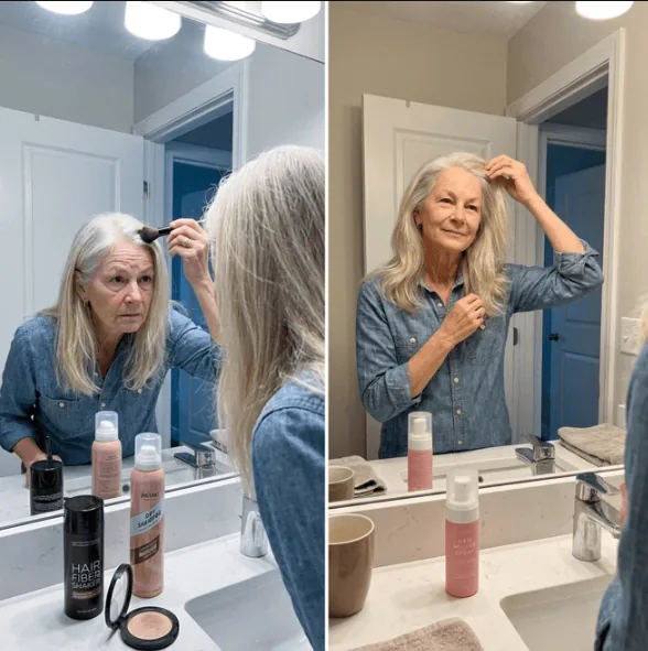 Two women comparing their hair in the mirror